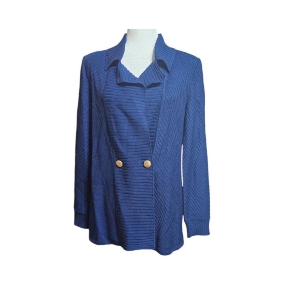 St. John Navy Blue Ribbed Knit Long Cardigan shoulder pads Gold Buttons Size 14